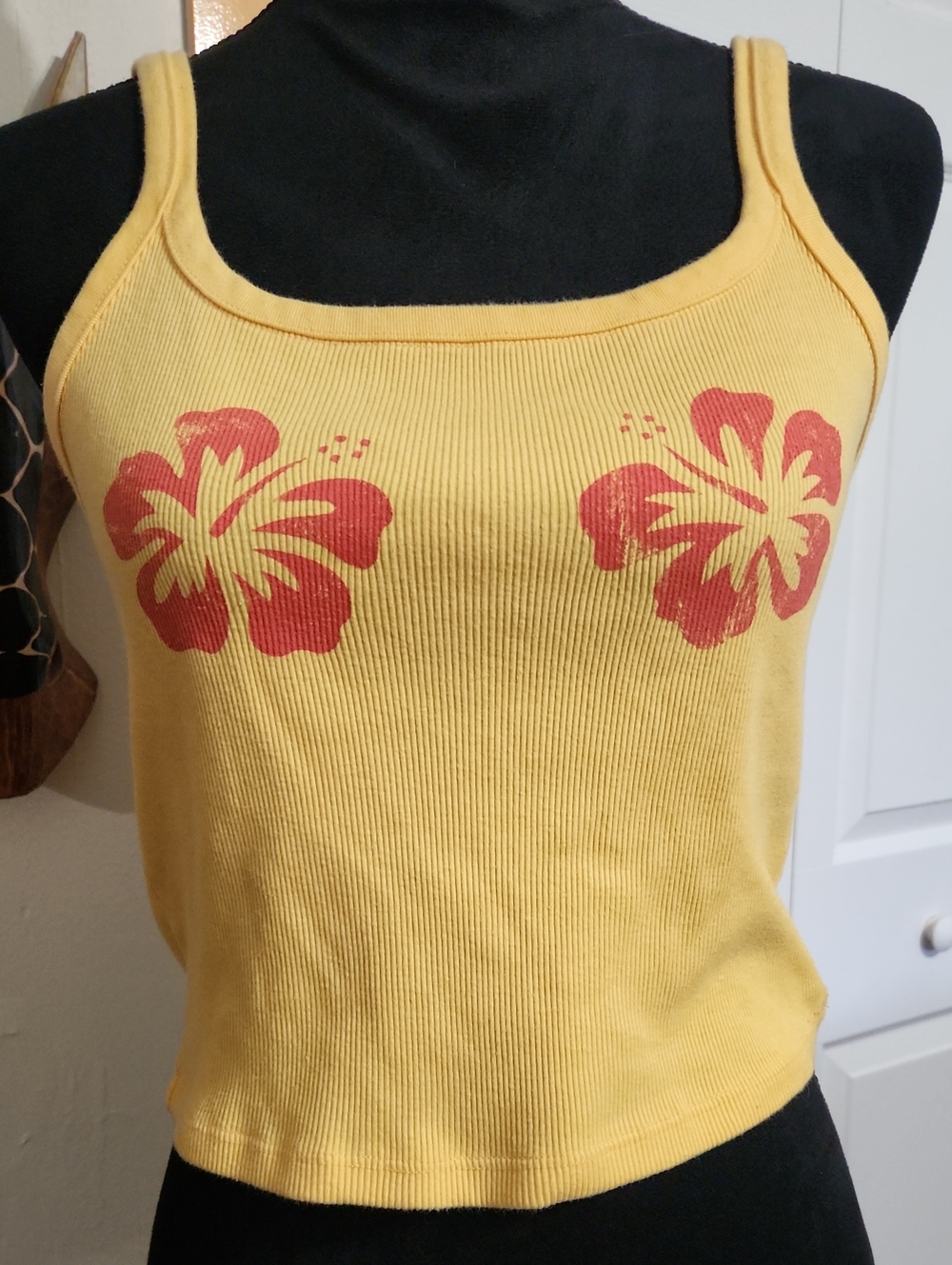 Forever 21 Yellow Ribbed Tank with Red Hibiscus Motif